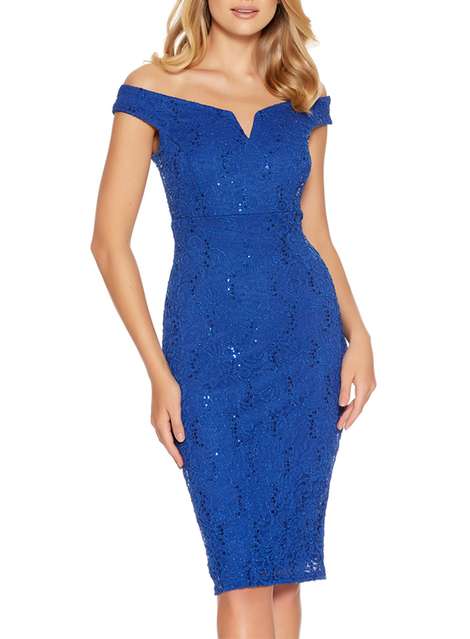 **Quiz Blue Sequin Lace Bardot Midi Dress